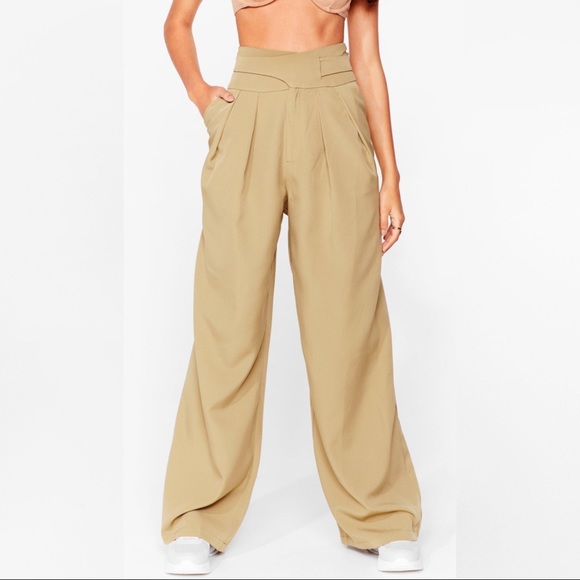 NWT Nasty Gal Khaki High-Waisted Wide-Leg Pants - Picture 1 of 9